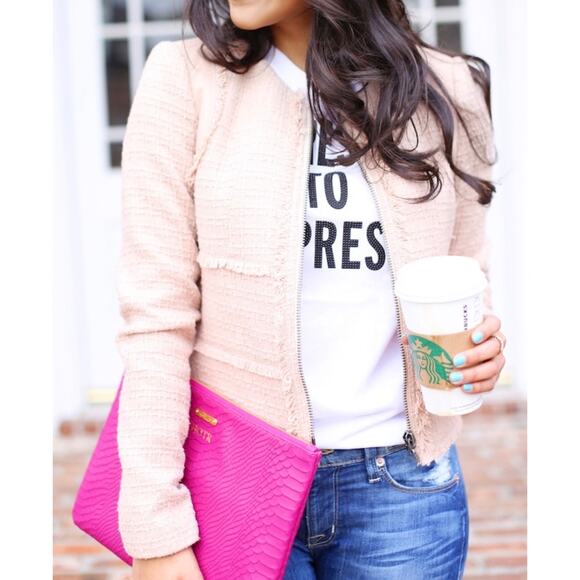 Rebecca Taylor Tweed Boucle Wool Lamb Leather Blazer Jacket Pink Tan Size 8 - Picture 6 of 13